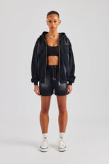 Washed Zip Through Panel Hoodie & Short - Black