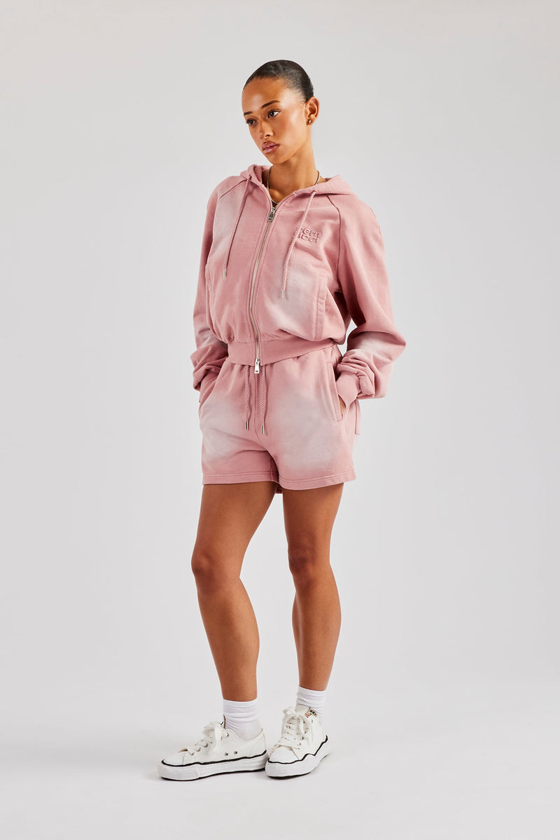 Washed Raglan Zip Through Hoodie & Short - Pink