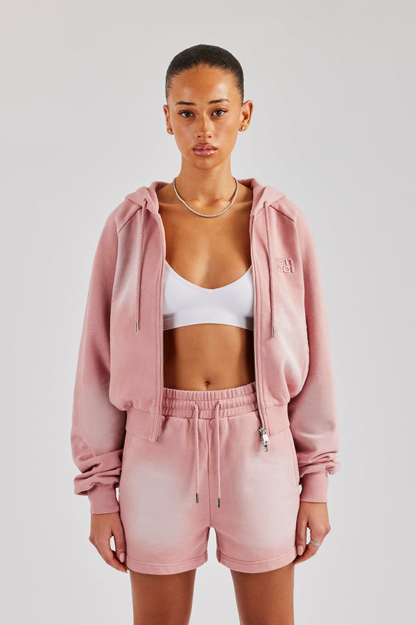 Washed Raglan Zip Through Hoodie - Pink