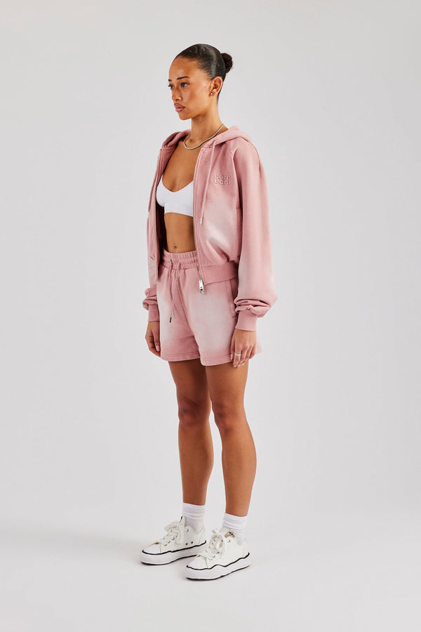 Washed Raglan Zip Through Hoodie & Short - Pink