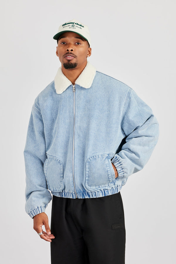 Borg Lined Denim Bomber- Light Blue