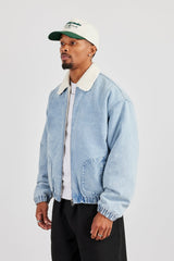 Borg Lined Denim Bomber- Light Blue