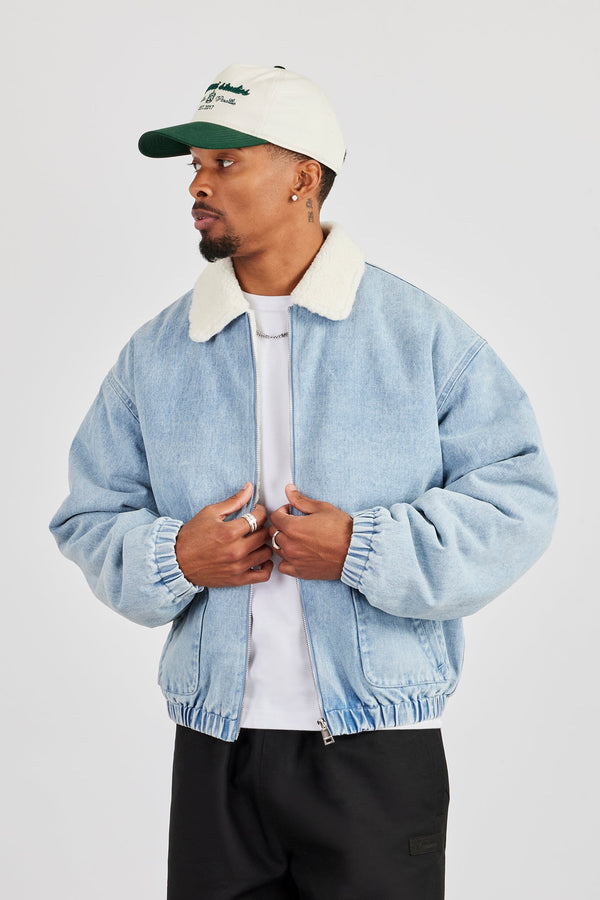 Borg Lined Denim Bomber- Light Blue
