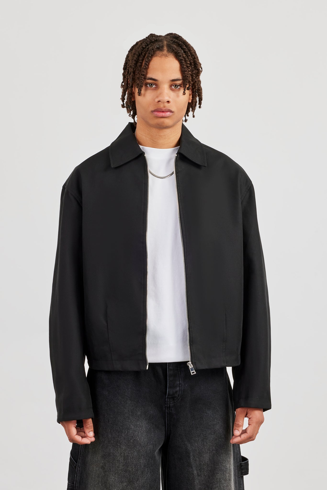 Boxy Twill Harrington Jacket - Black