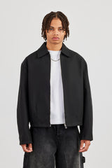 Boxy Twill Harrington Jacket - Black