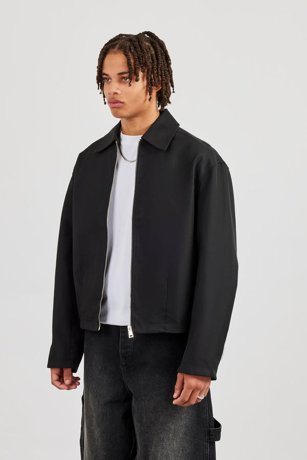 Boxy Twill Harrington Jacket - Black