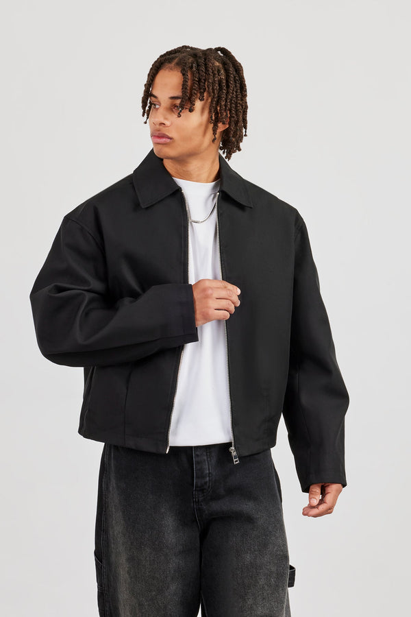 Boxy Twill Harrington Jacket - Black