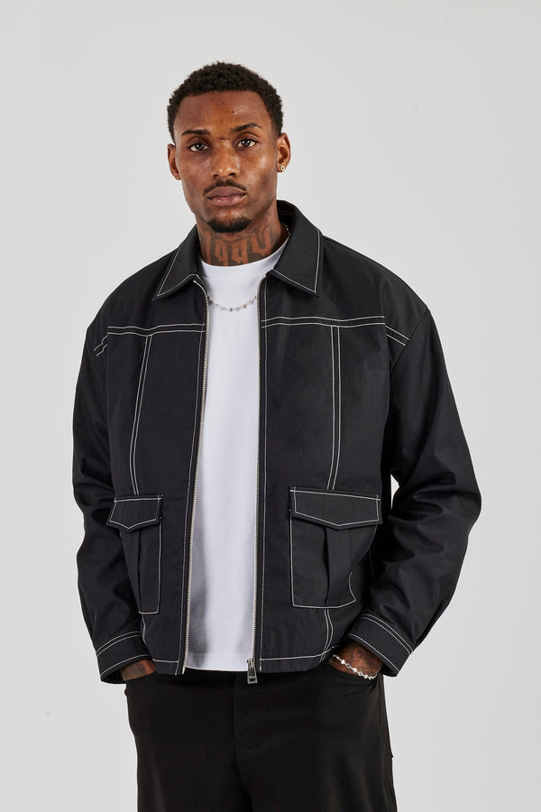 Contrast Stitch Utility Jacket - Black