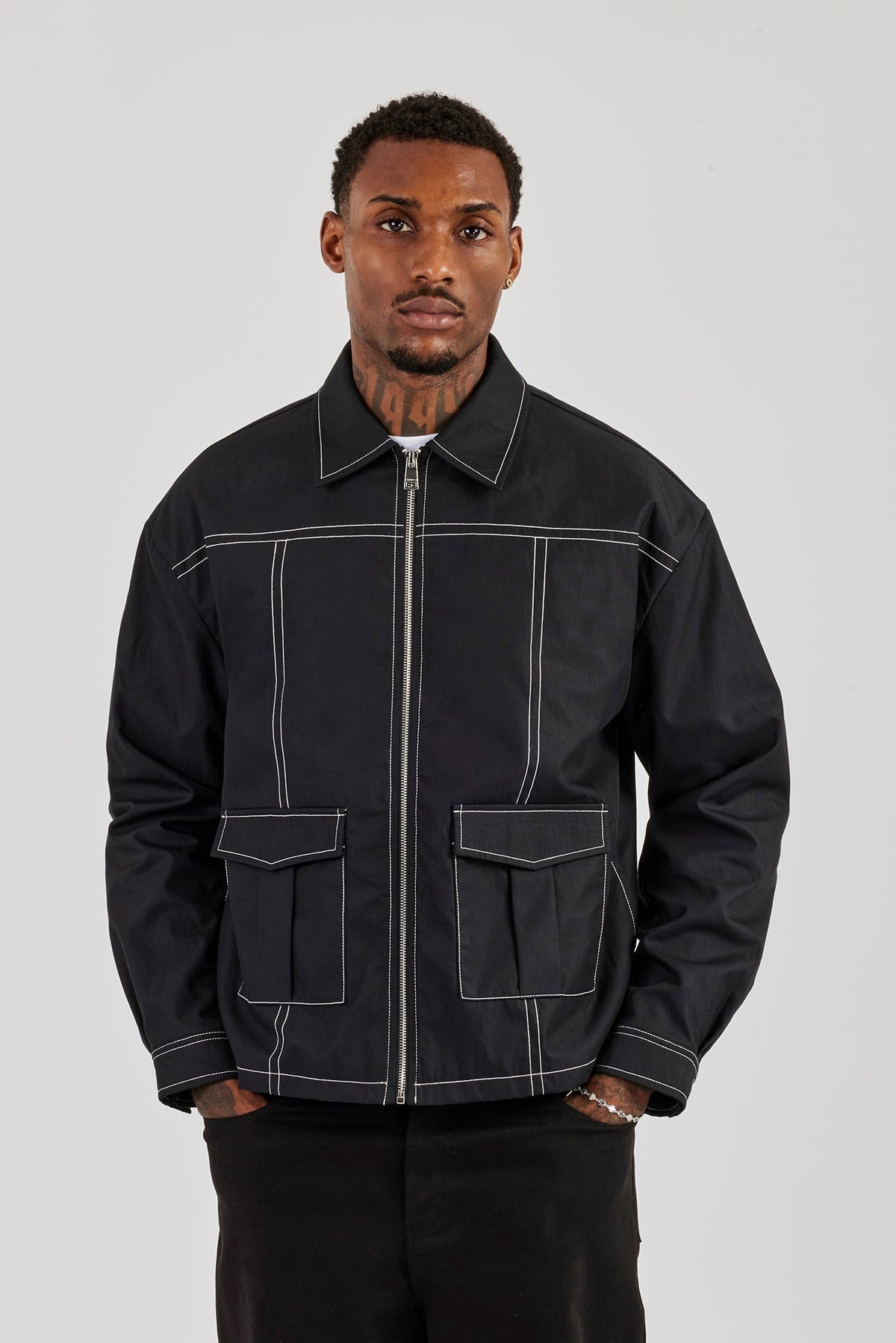 Contrast Stitch Utility Jacket - Black | Mens Outerwear | Shop 