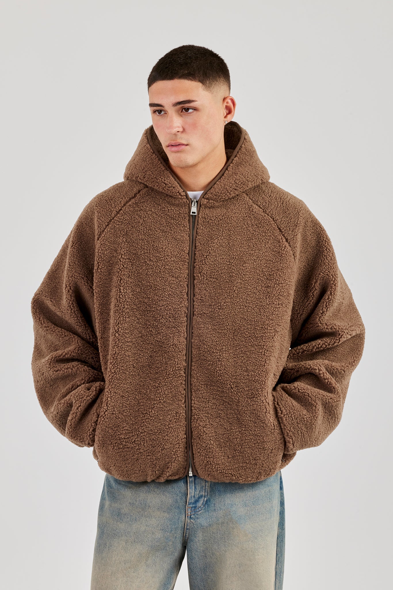 Oversized Borg Zip Hoodie - Chocolate