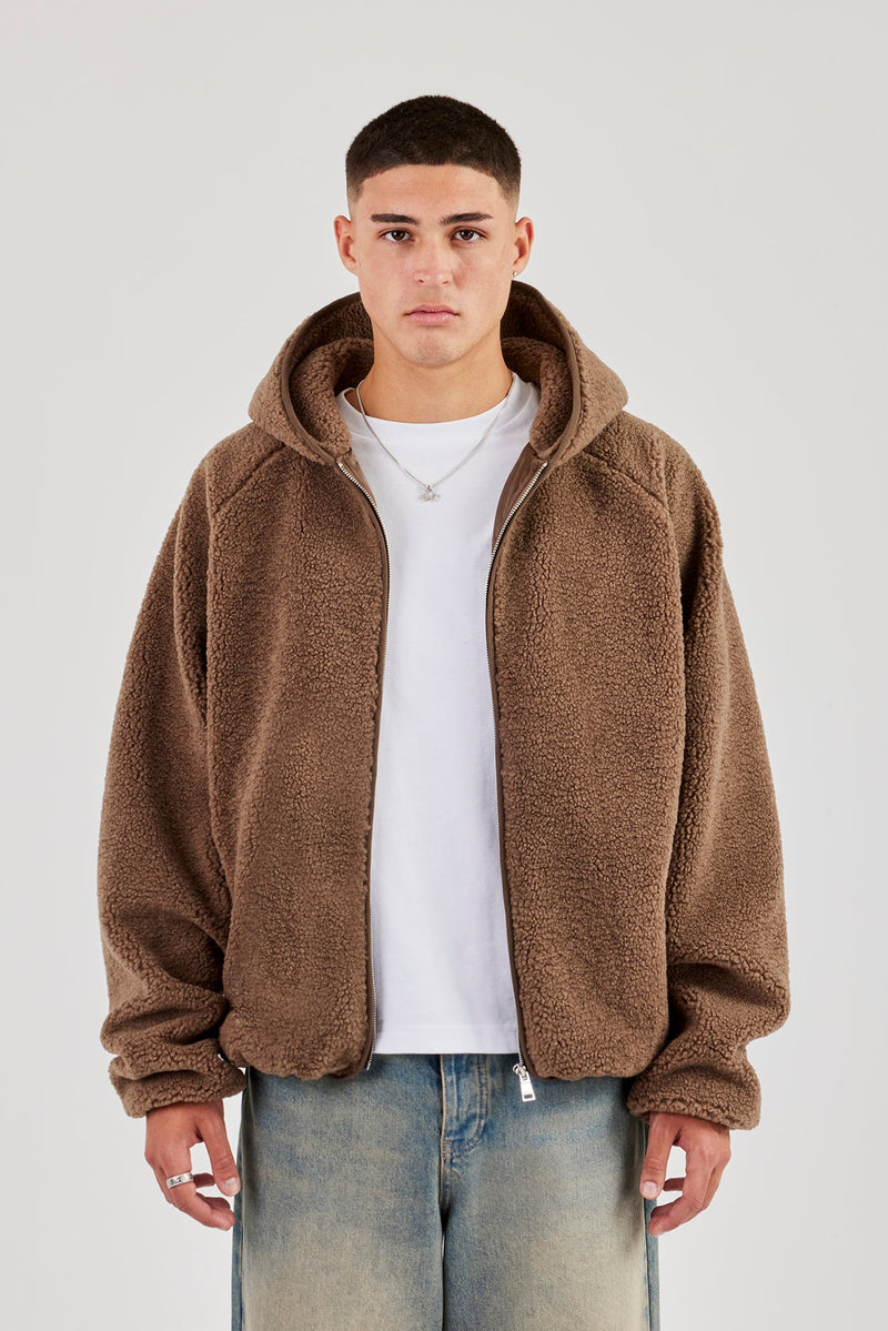 Oversized Borg Zip Hoodie - Chocolate