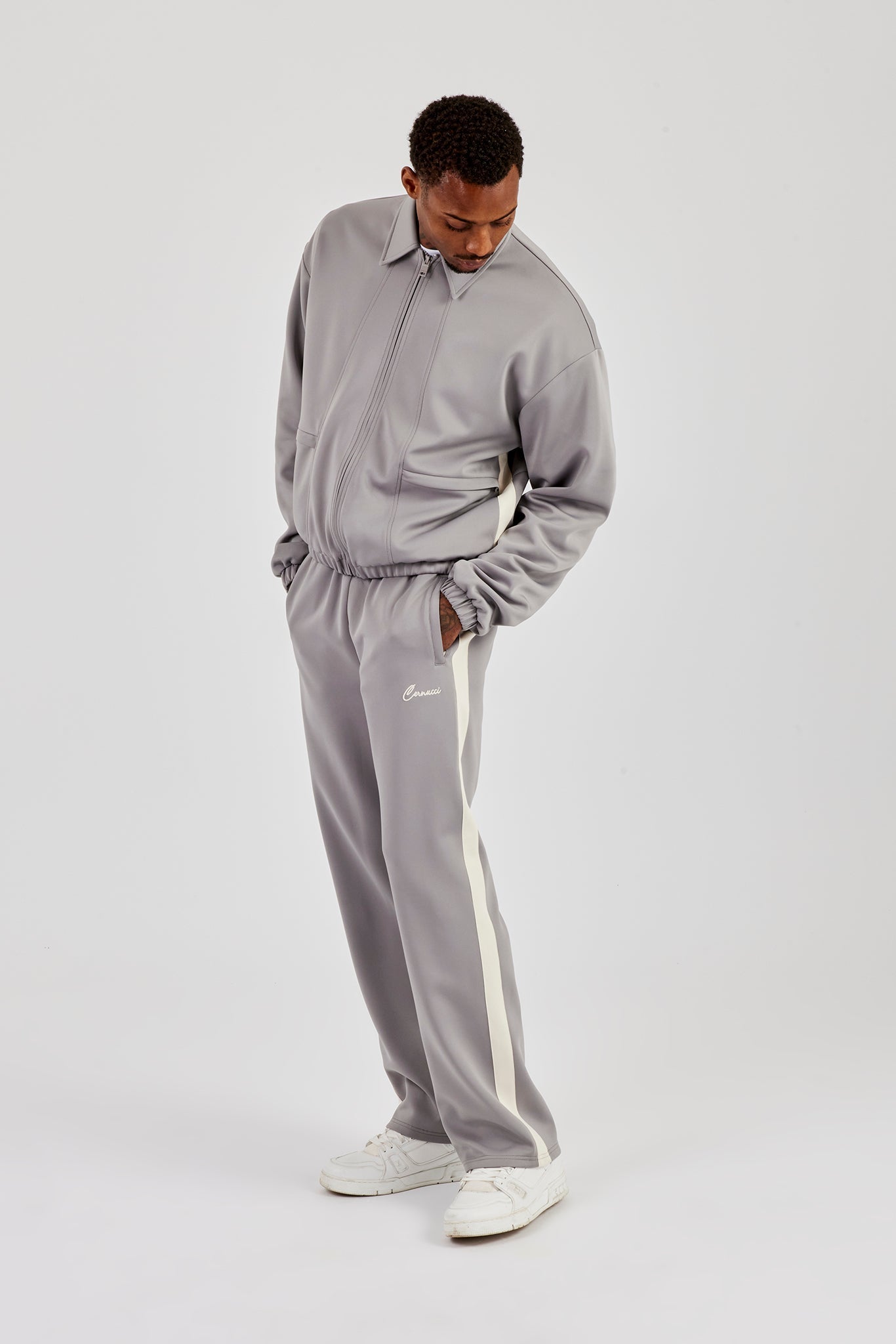 Poly Contrast Track Jacket & Relaxed Trouser - Grey