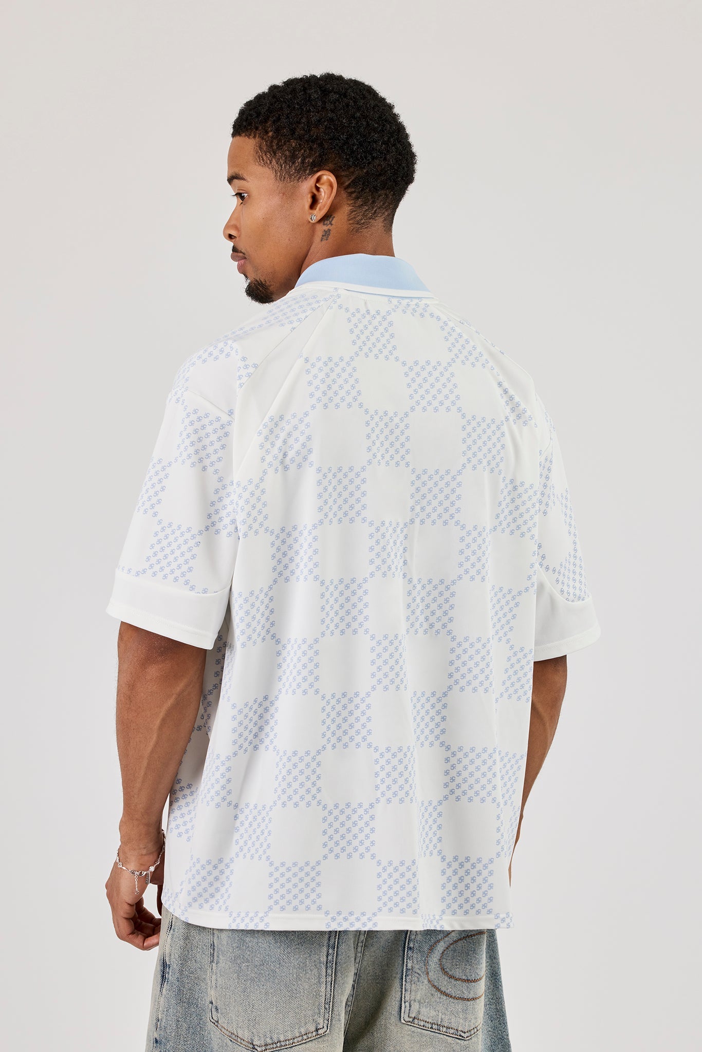 Check Printed Football Top - Light Blue