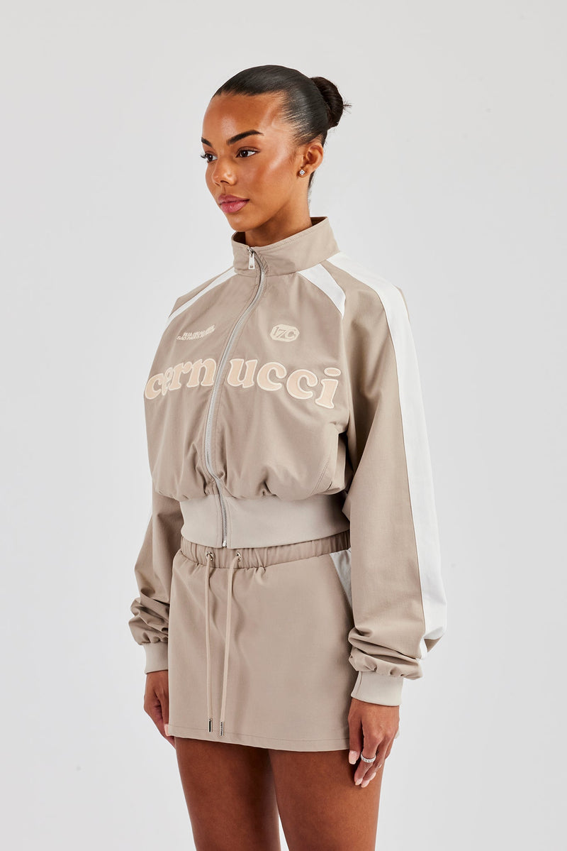 Cropped Panelled Nylon Track Jacket & Mini Skirt - Stone