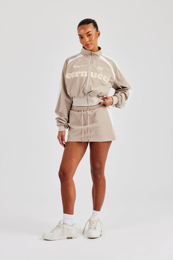 Cropped Panelled Nylon Track Jacket & Mini Skirt - Stone