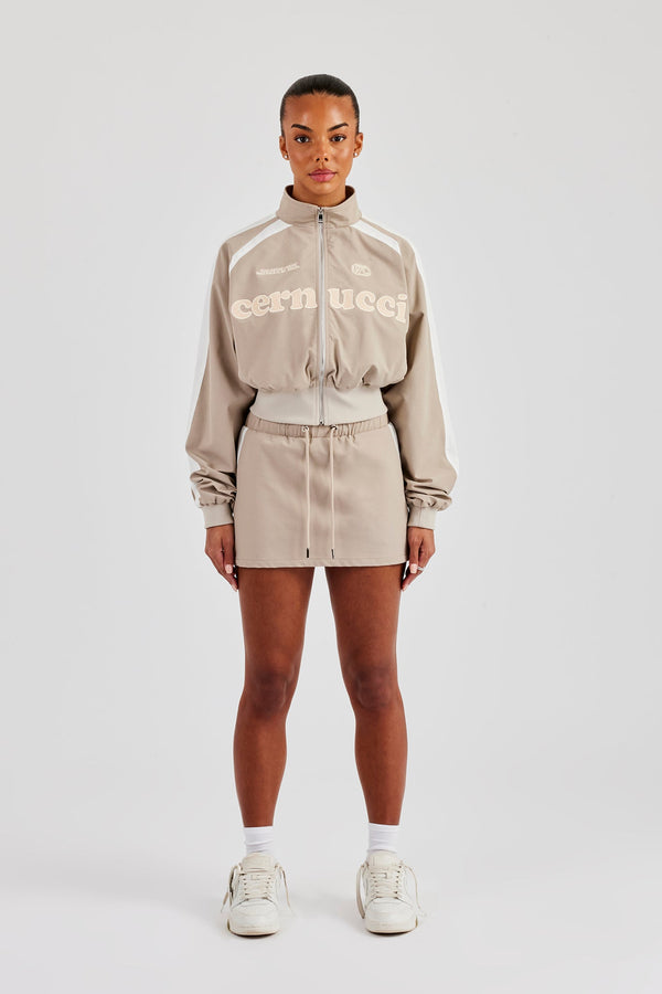 Cropped Panelled Nylon Track Jacket & Mini Skirt - Stone