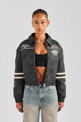 PU Moto Badge Harrington Jacket - Charcoal