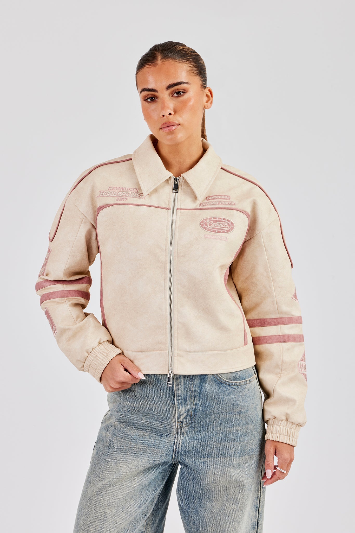PU Moto Badge Harrington Jacket - Off White