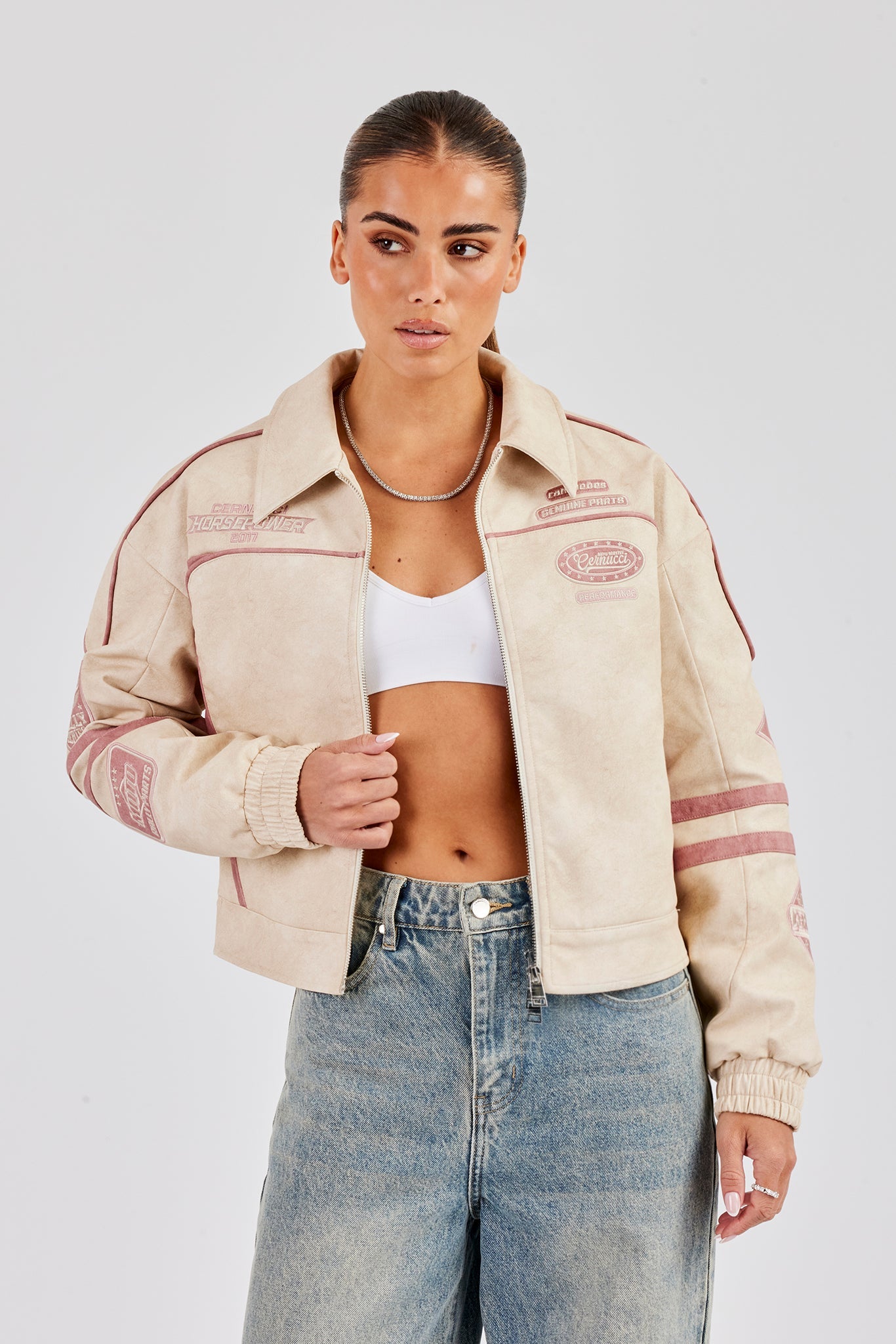 PU Moto Badge Harrington Jacket - Off White | Womens Outerwear