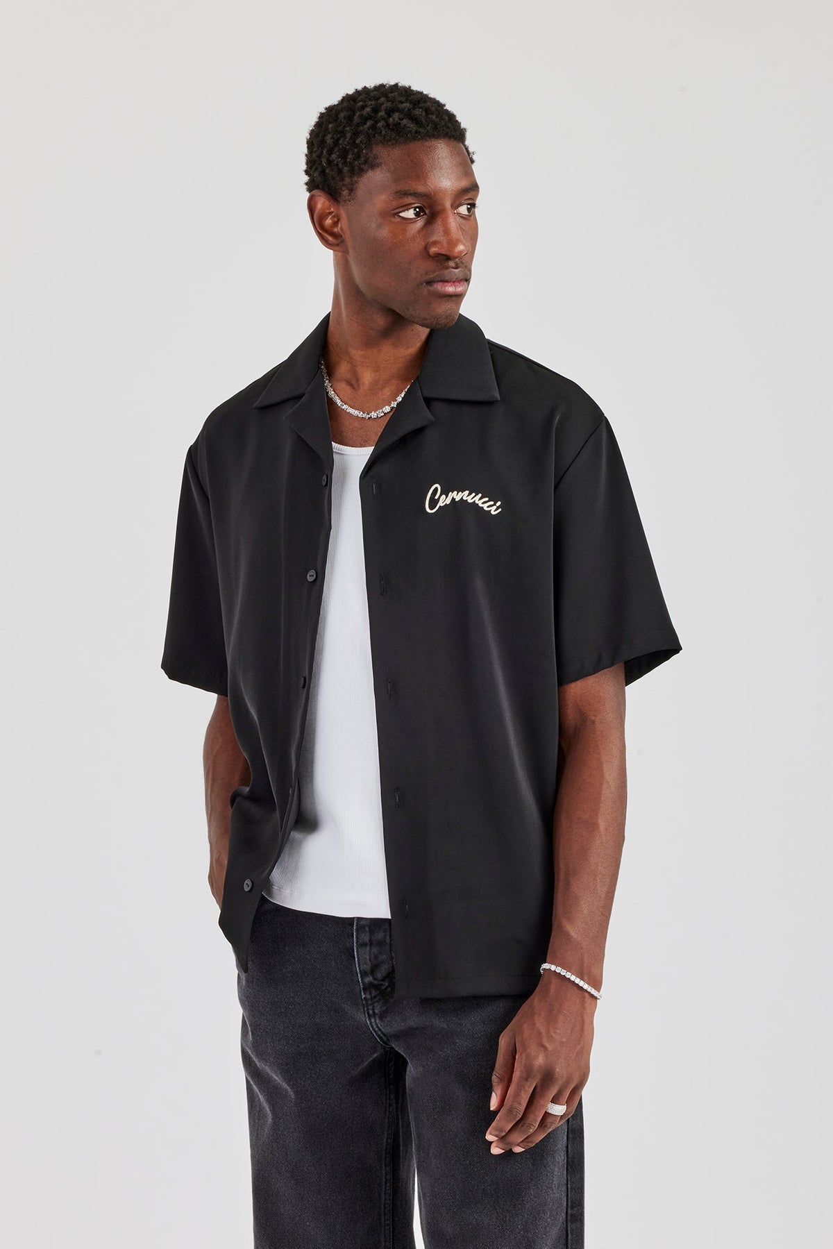 Cernucci Script Button Front Shirt - Black | Mens Shirts | Shop 