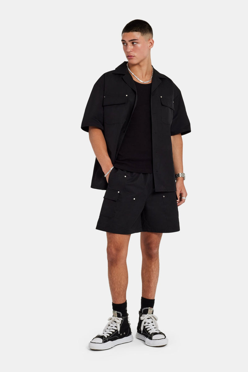 Carpenter Nylon Embroidered Shirt & Short Set - Black