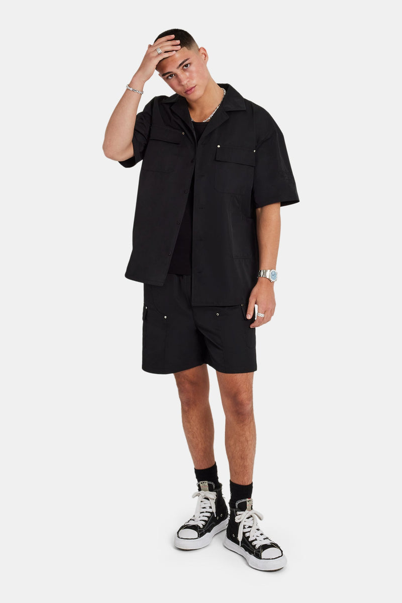 Carpenter Nylon Embroidered Shirt & Short Set - Black