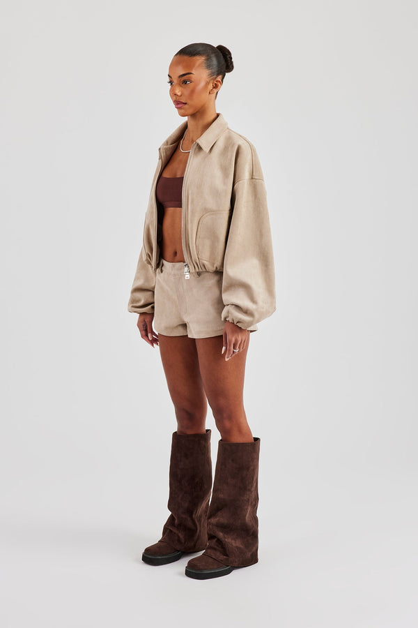 Suede Collared Bomber Jacket & Micro Short - Beige