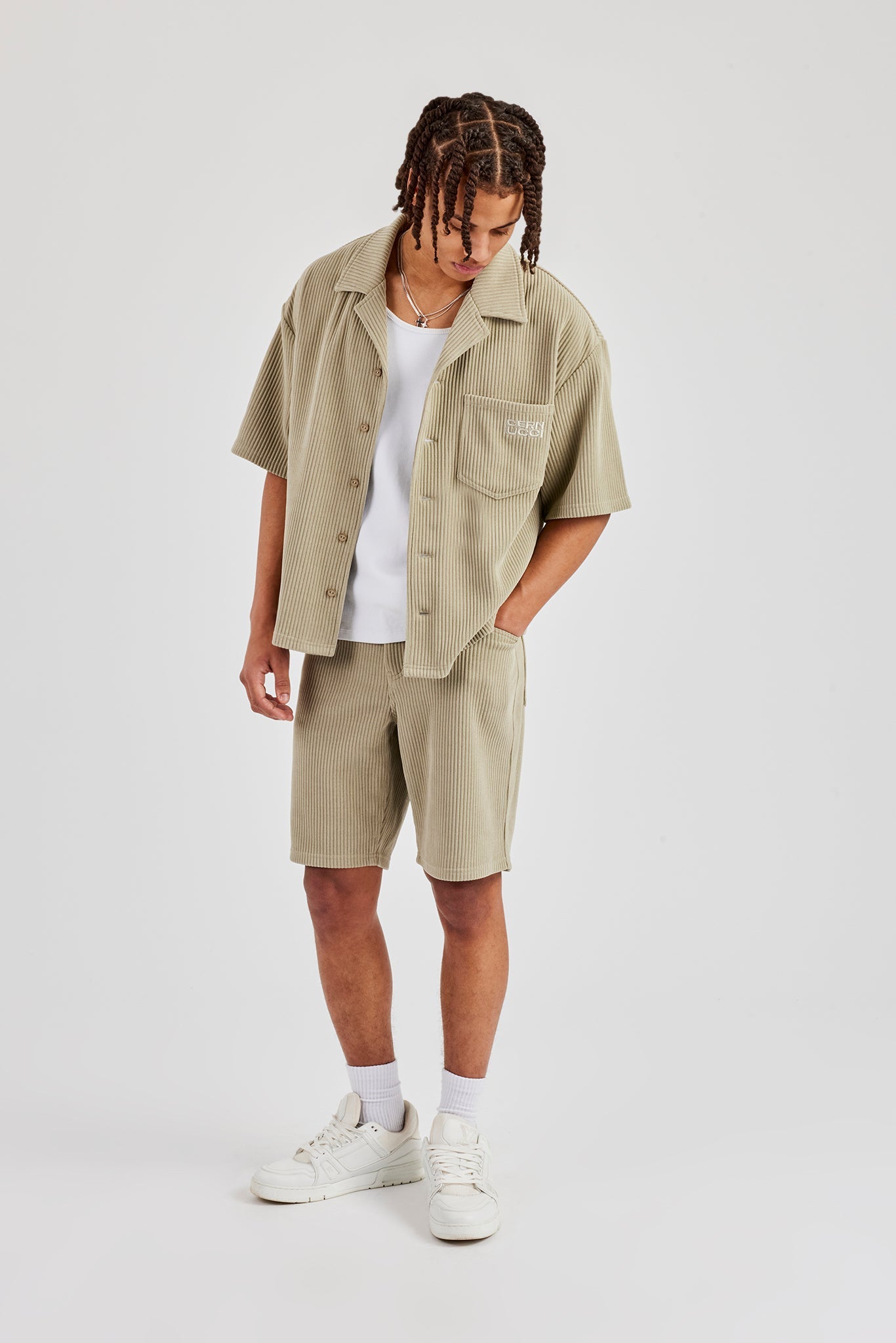 Cord Button Front Revere Shirt & Shorts - Khaki