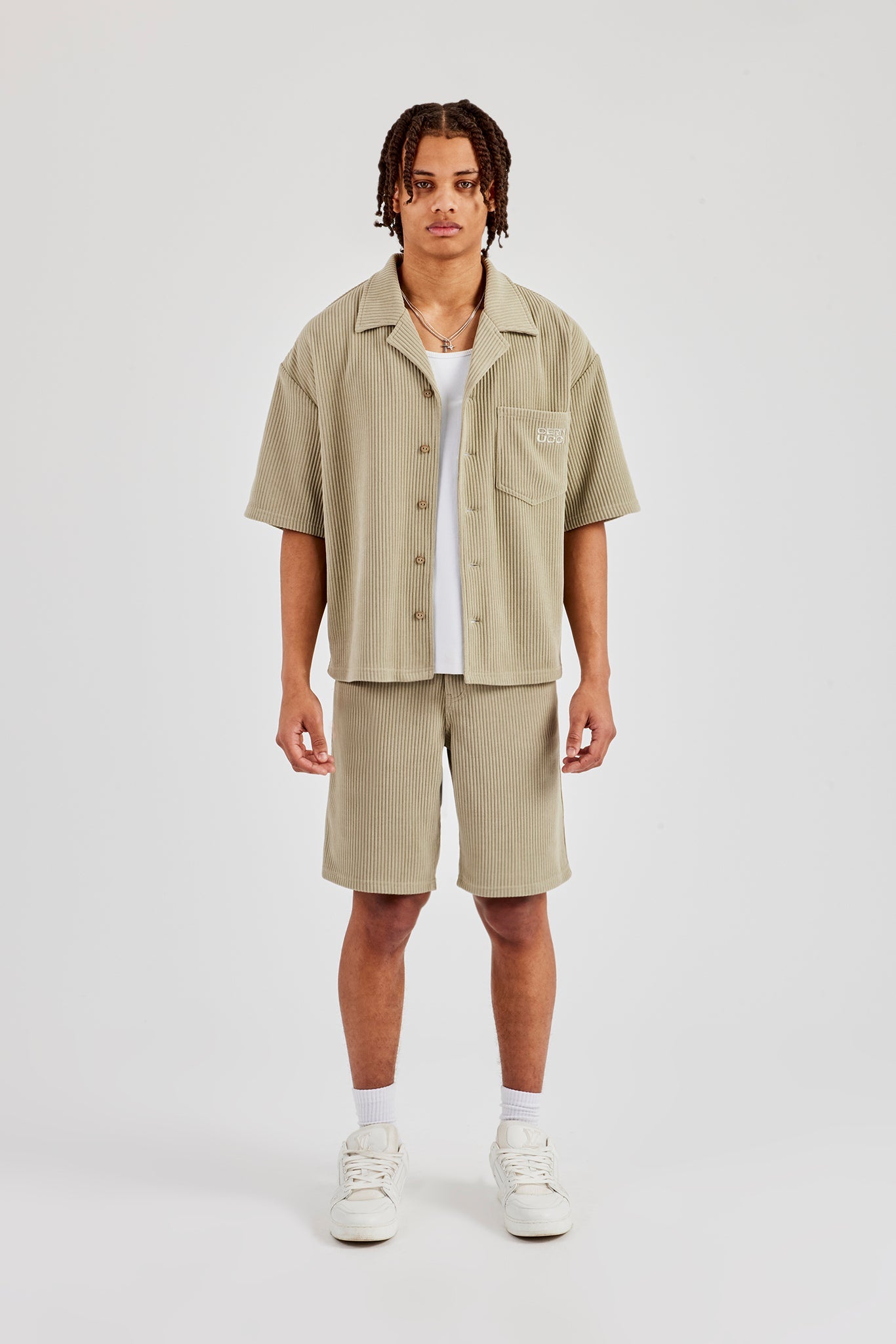Cord Button Front Revere Shirt & Shorts - Khaki