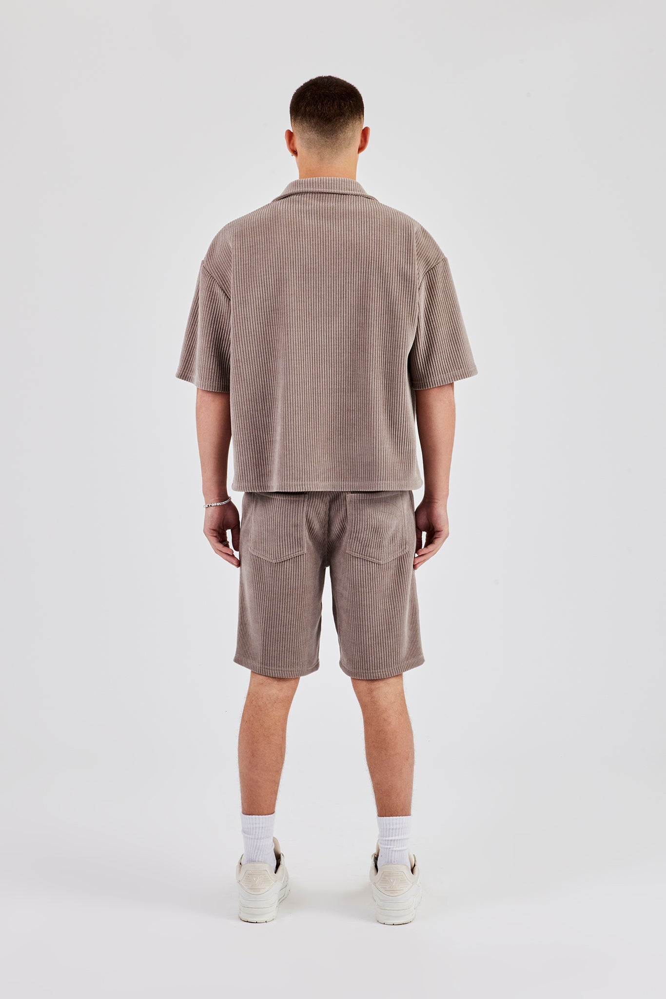 Cord Button Front Revere Shirt & Shorts - Taupe
