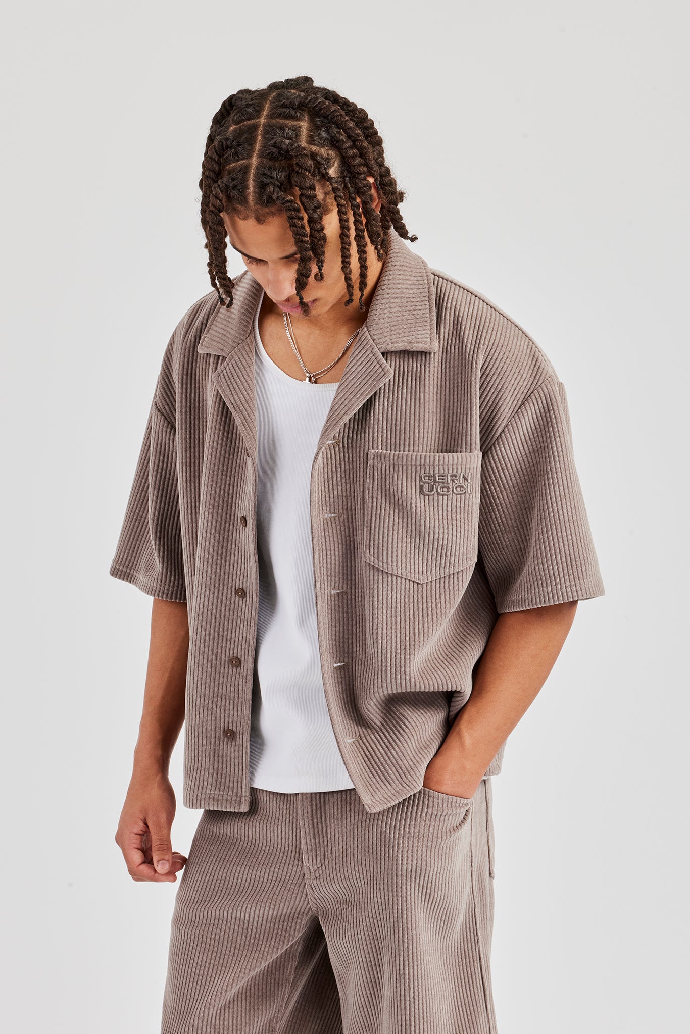 Cord Button Front Revere Shirt - Taupe