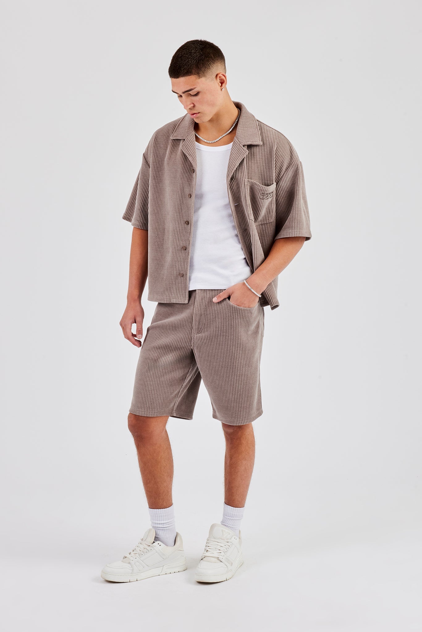 Cord Button Front Revere Shirt & Shorts - Taupe