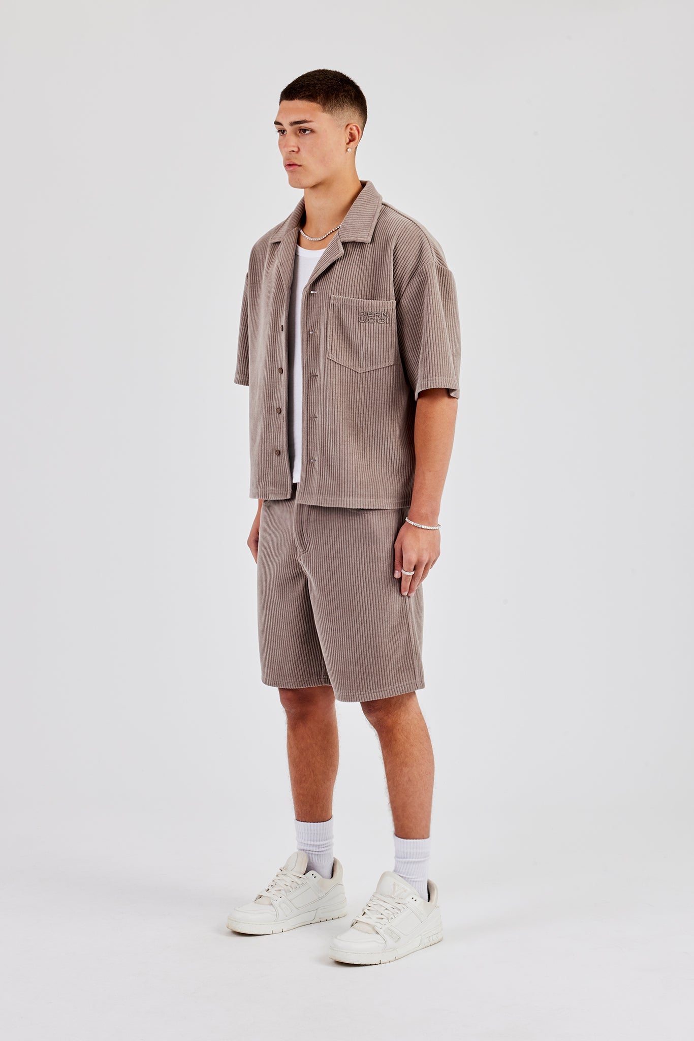 Cord Button Front Revere Shirt & Shorts - Taupe
