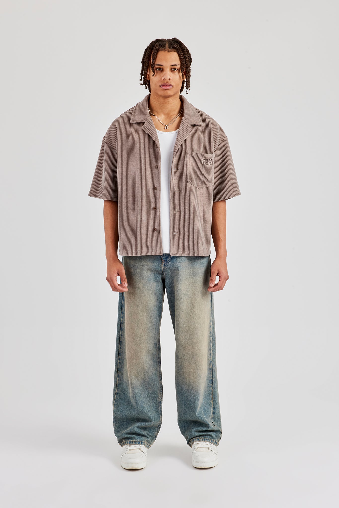 Cord Button Front Revere Shirt - Taupe