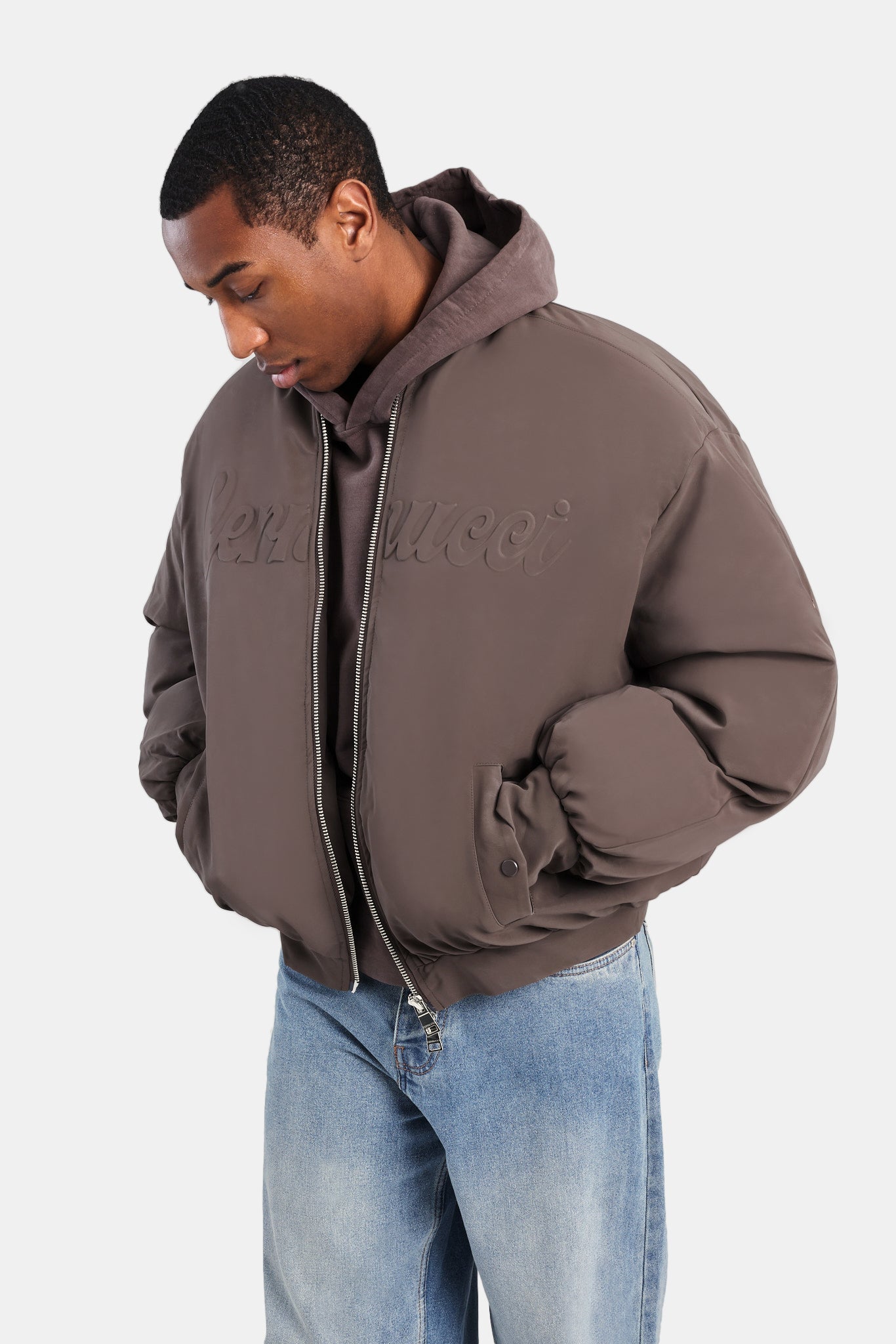 べ*む様 CCU BOMBER JACKET 24aw Cernucci PU Puffer Bomber Jacket - Brown | Mens Outerwear | Shop