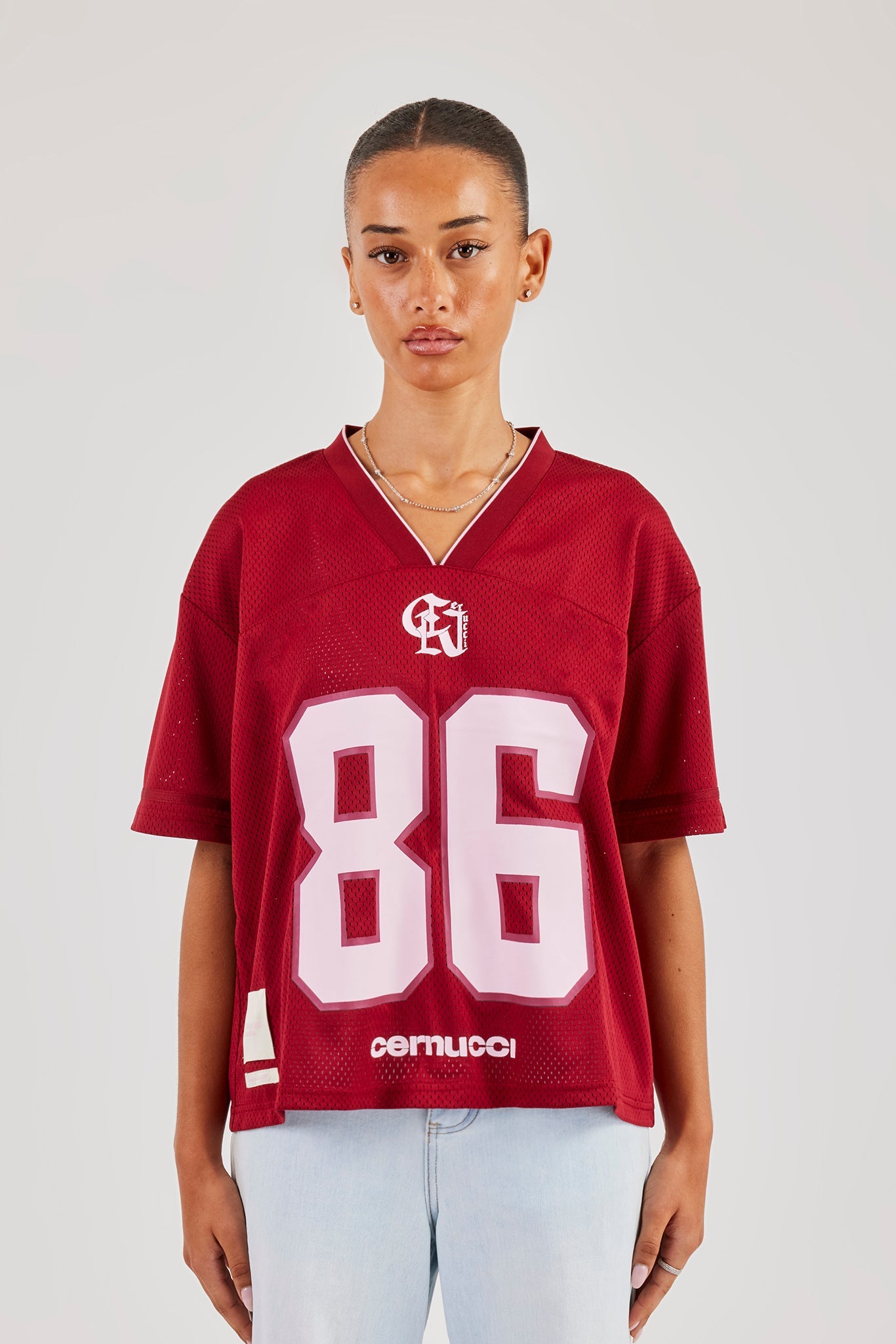 Mesh Woven Tab Football Top - Berry