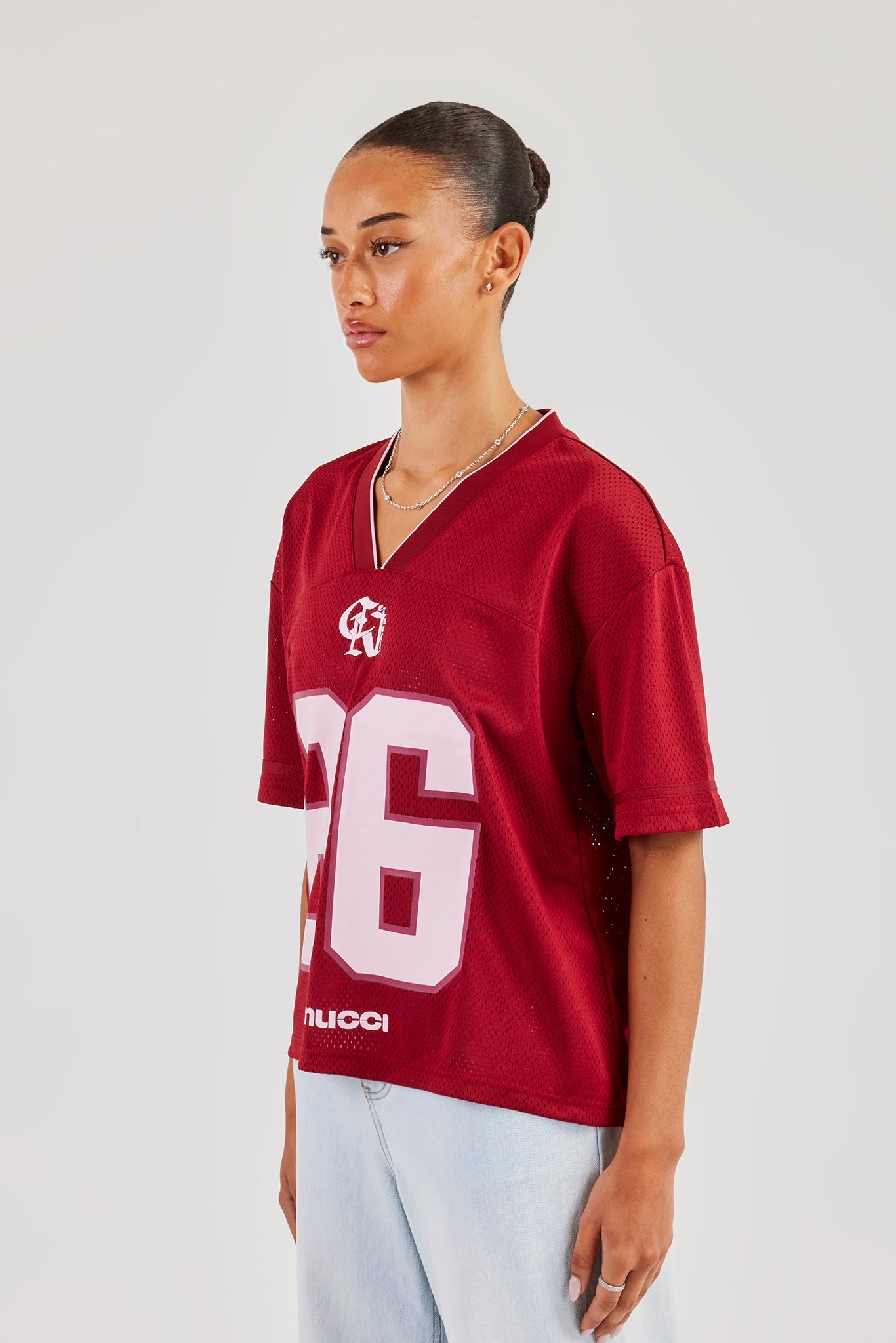 Mesh Woven Tab Football Top - Berry