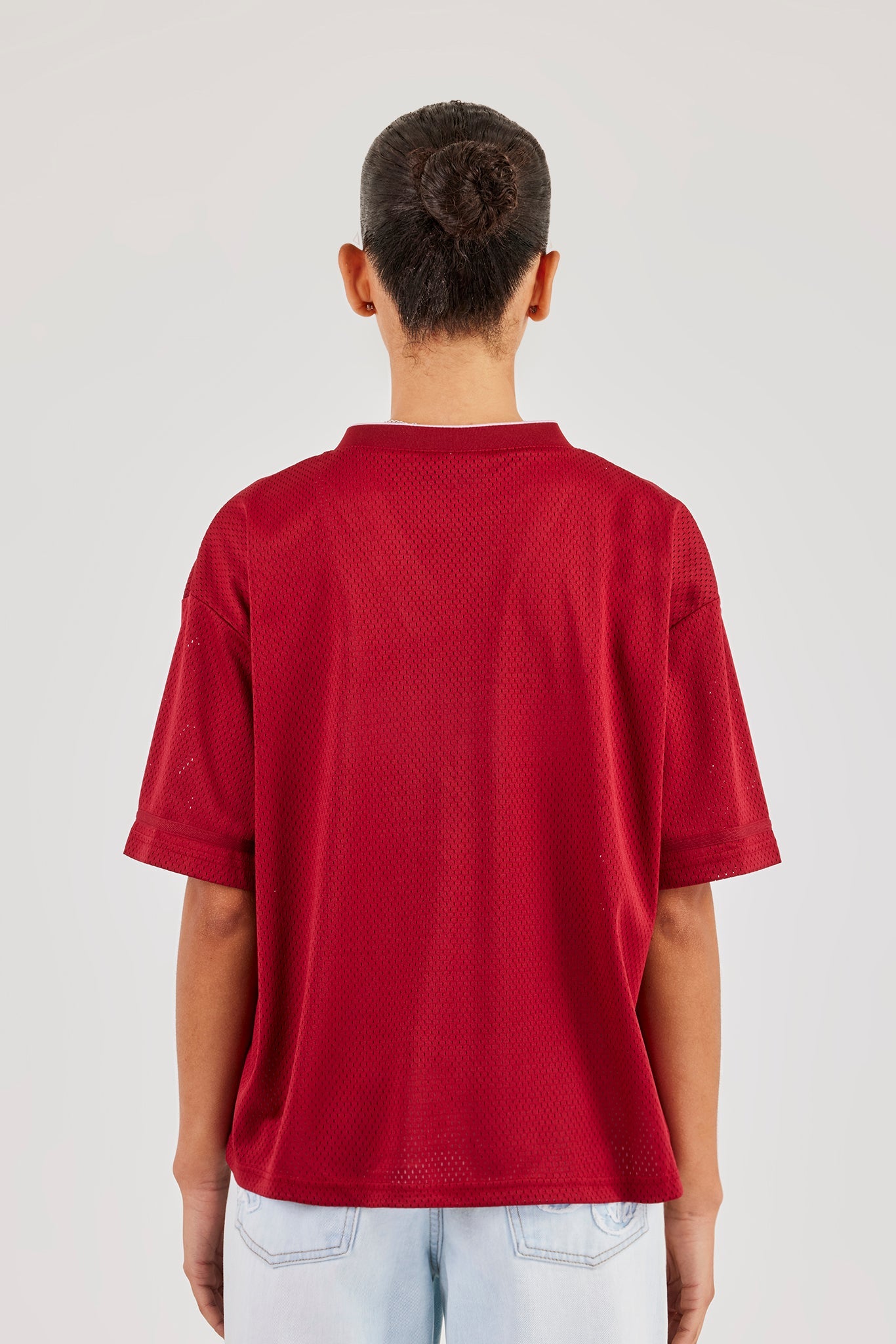 Mesh Woven Tab Football Top - Berry