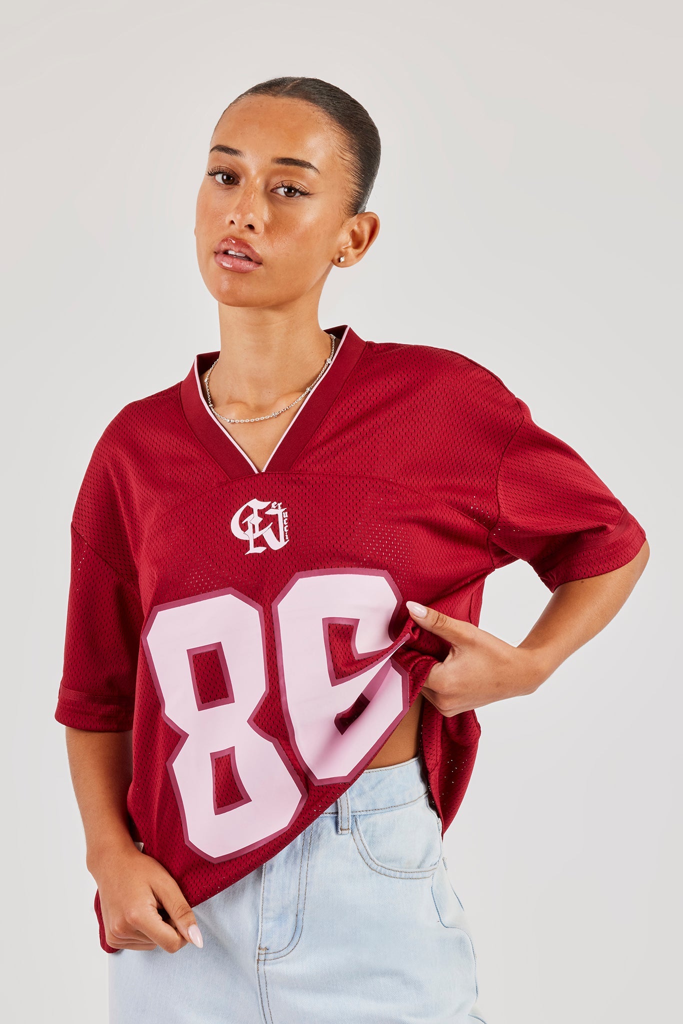 Mesh Woven Tab Football Top - Berry