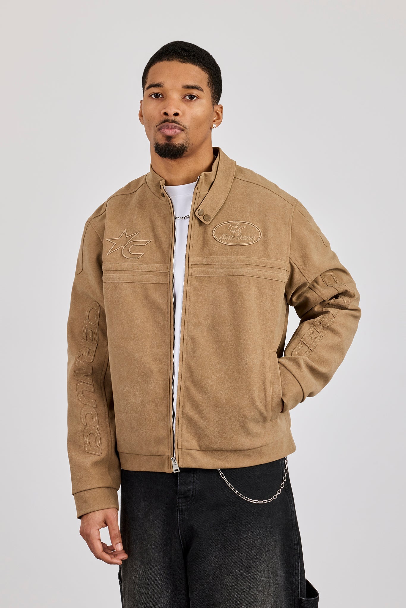 Mens Suede Applique Moto Jacket - Taupe | Mens Outerwear | Shop
