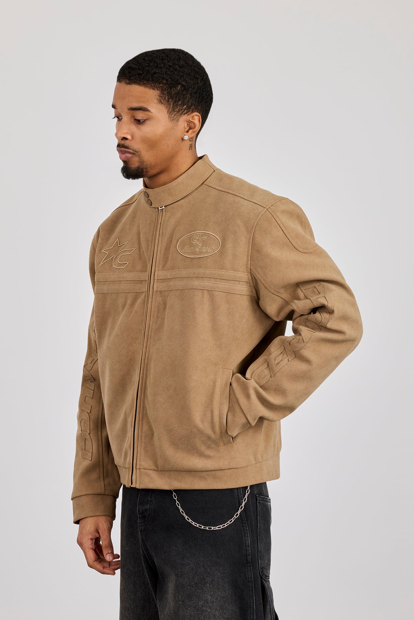 Mens Suede Applique Moto Jacket - Taupe | Mens Outerwear | Shop