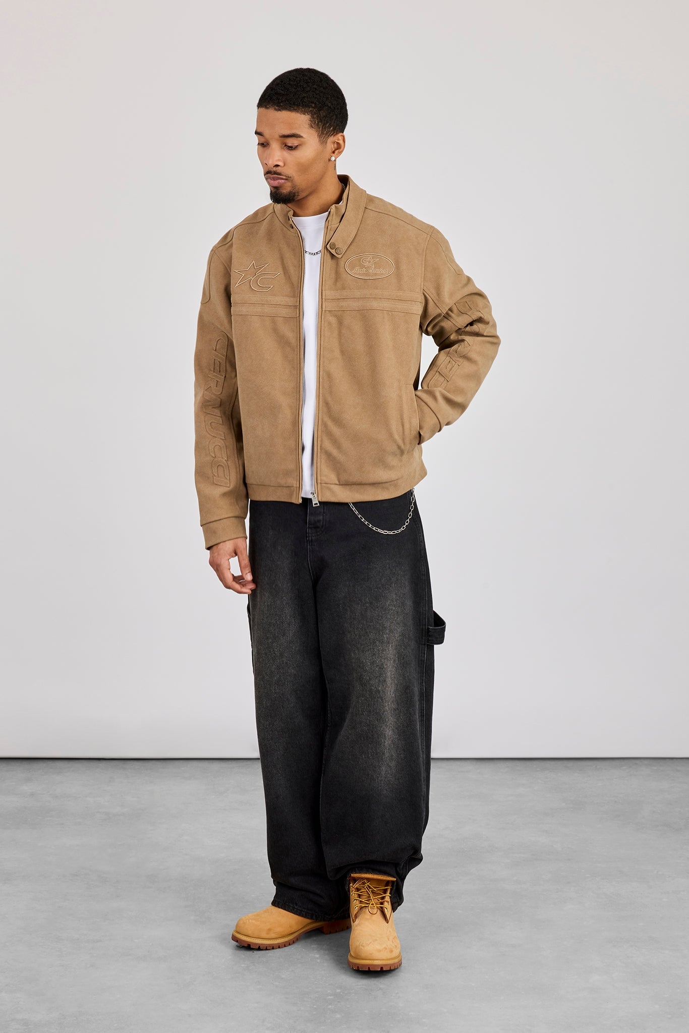 Mens Suede Applique Moto Jacket - Taupe | Mens Outerwear | Shop