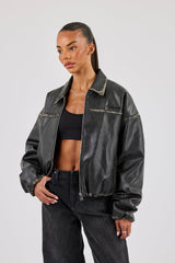 Washed PU Harrington Jacket - Black