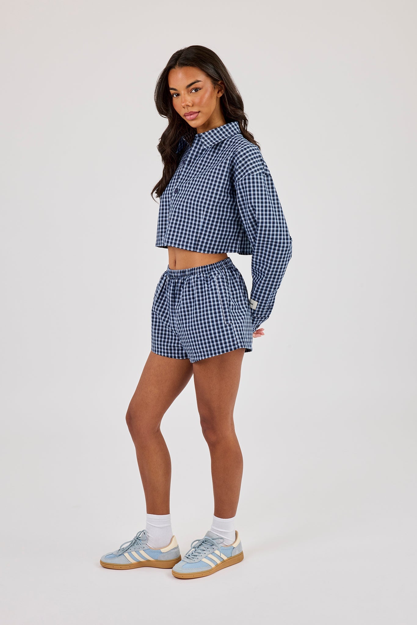 Cropped Check Shirt - Navy