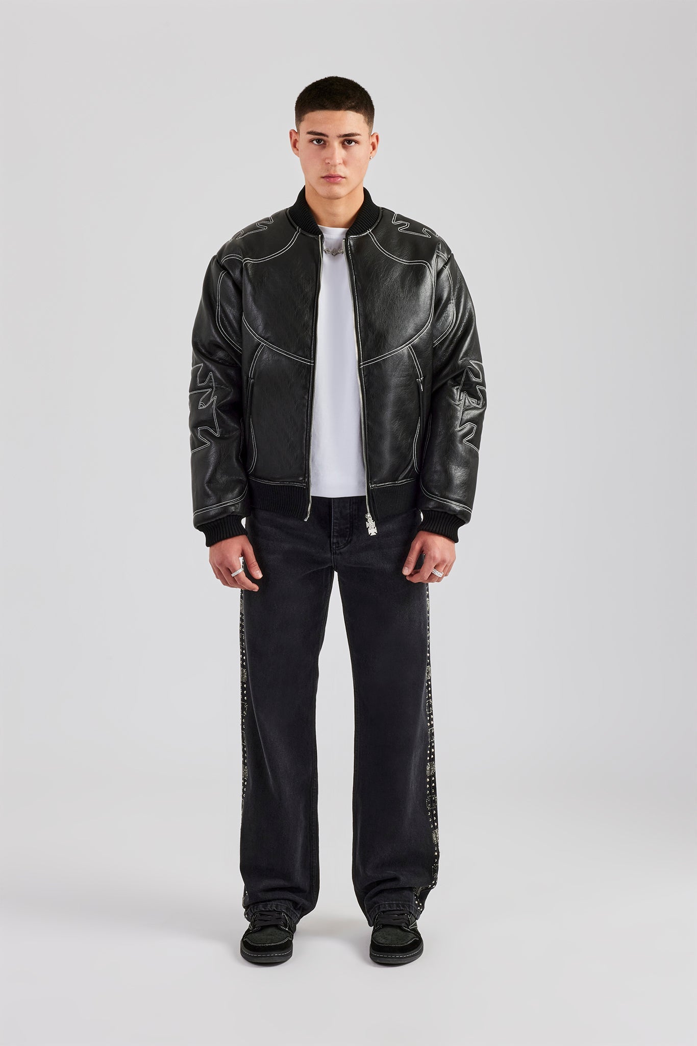 Contrast Stitch PU Bomber Jacket | Mens Outerwear | Shop Bomber