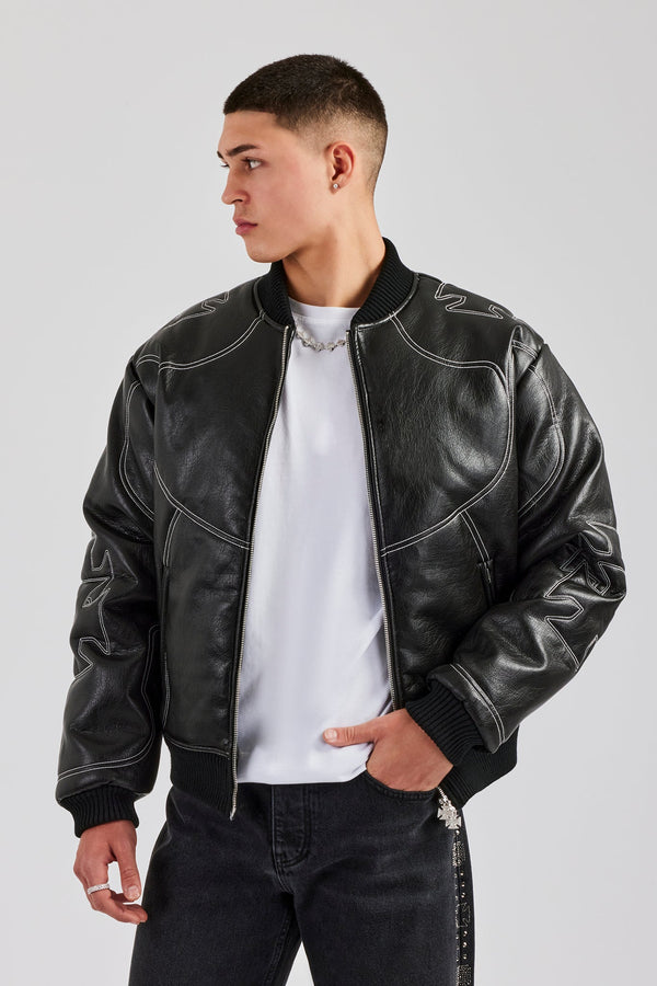 Contrast Stitch PU Bomber Jacket