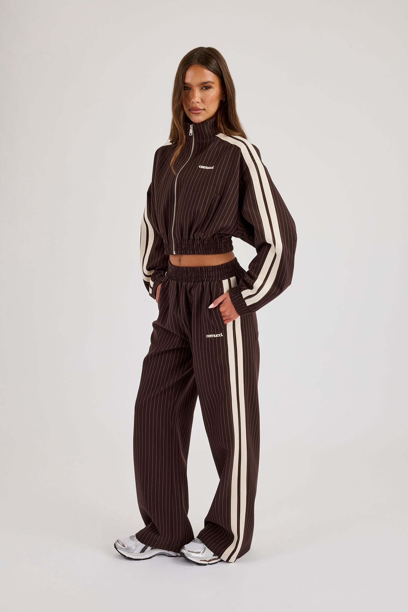Pinstripe Taping Cropped Funnel Neck Jacket & Wide Leg Track Pant - Chocolate