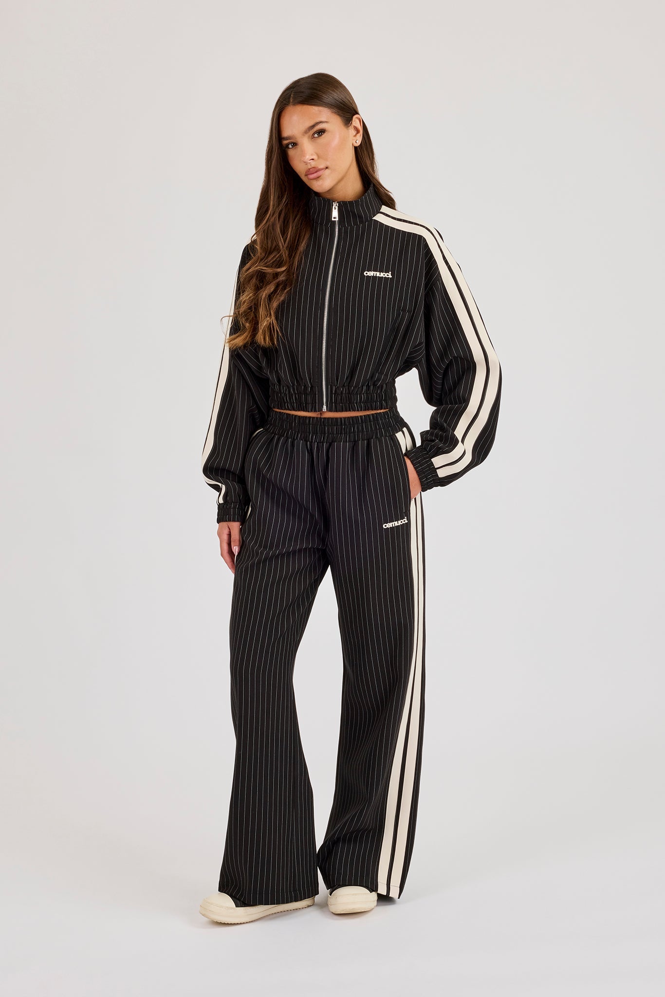 Pinstripe Taping Cropped Funnel Neck Jacket & Wide Leg Track Pant - Black