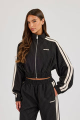Pinstripe Taping Cropped Funnel Neck Jacket - Black