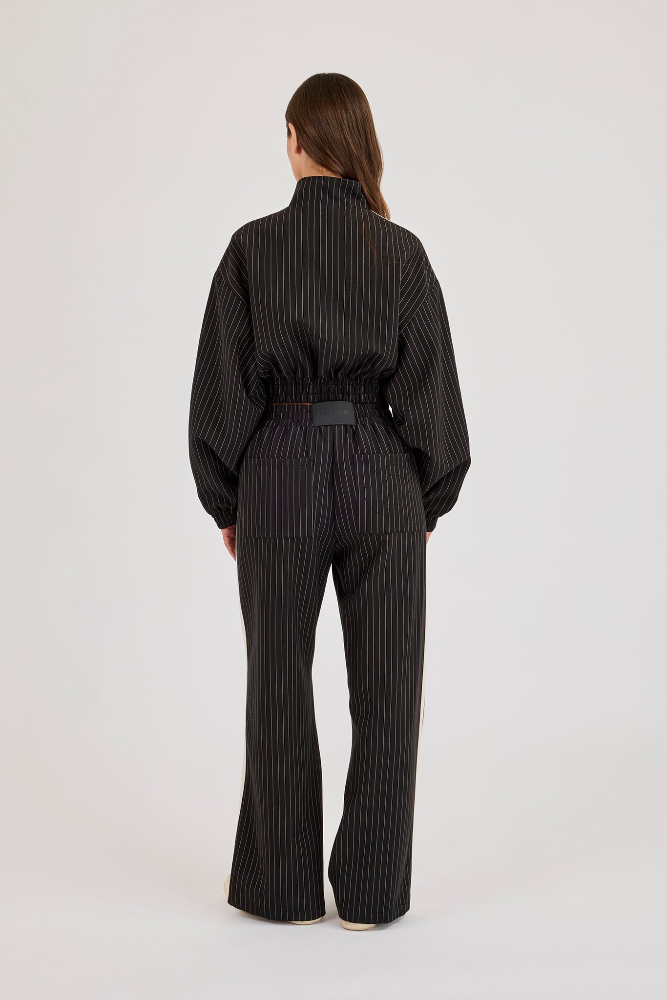 Pinstripe Taping Cropped Funnel Neck Jacket & Wide Leg Track Pant - Black